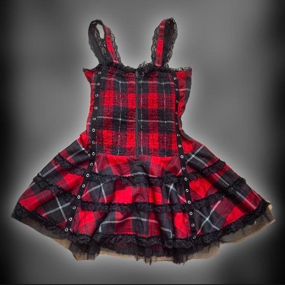 hell bunny tartan plaid goth red mini dress - Picture 2 of 4